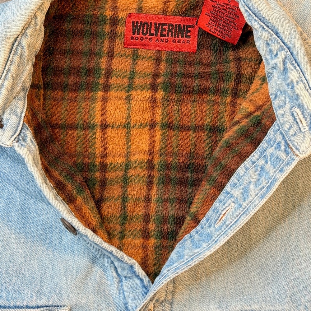 Wolverine Shirt Jacket Sz S Mens Light Wash Denim Plaid Fleece Lined Shacket - Picture 5 of 10